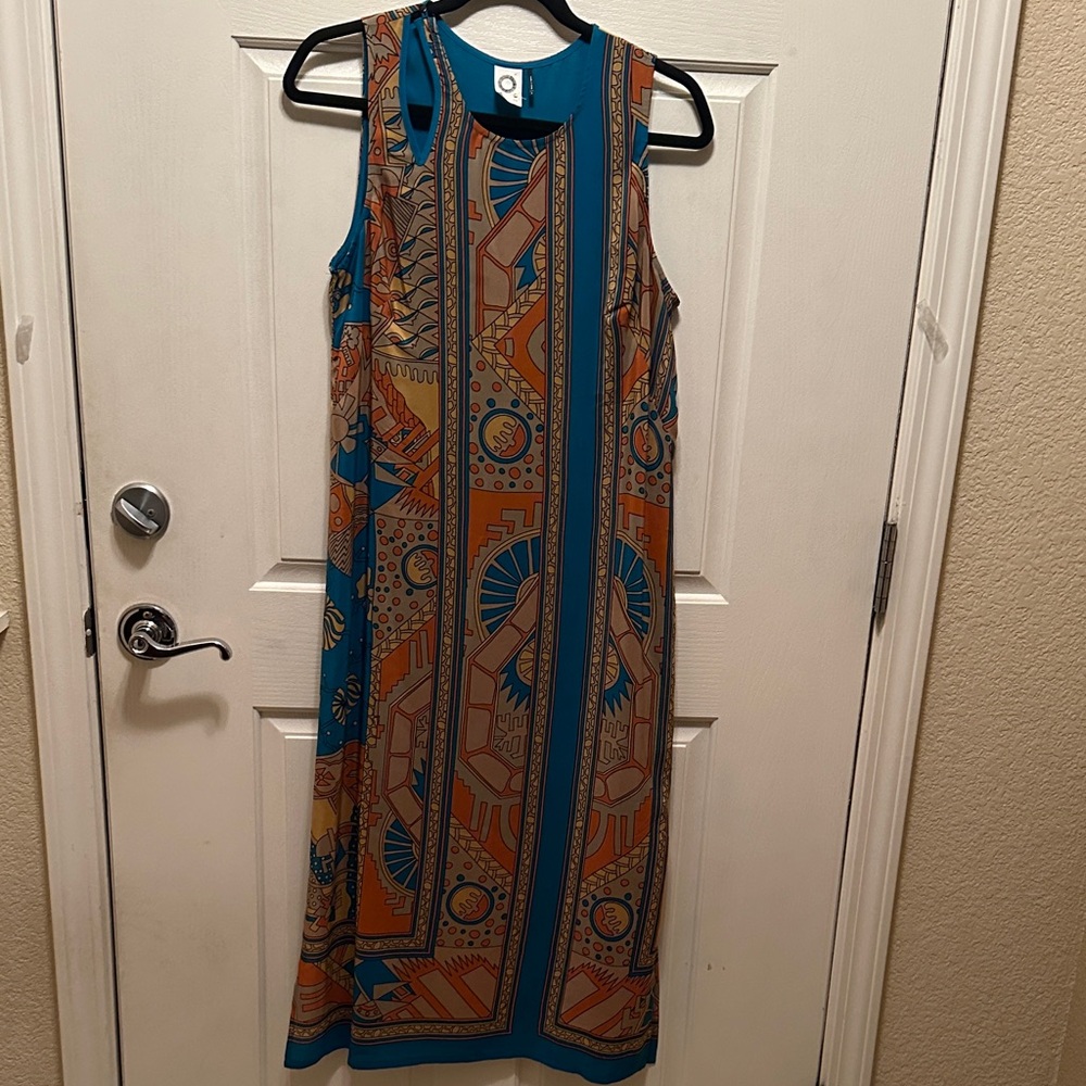 Anthropologie Akemi+Kin Sleeveless Teal & Orange Patterned 100% Silk Maxi Dress
